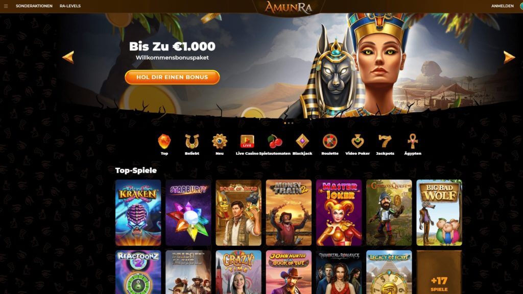 Startseite des AmunRa Casinos mit Angebot