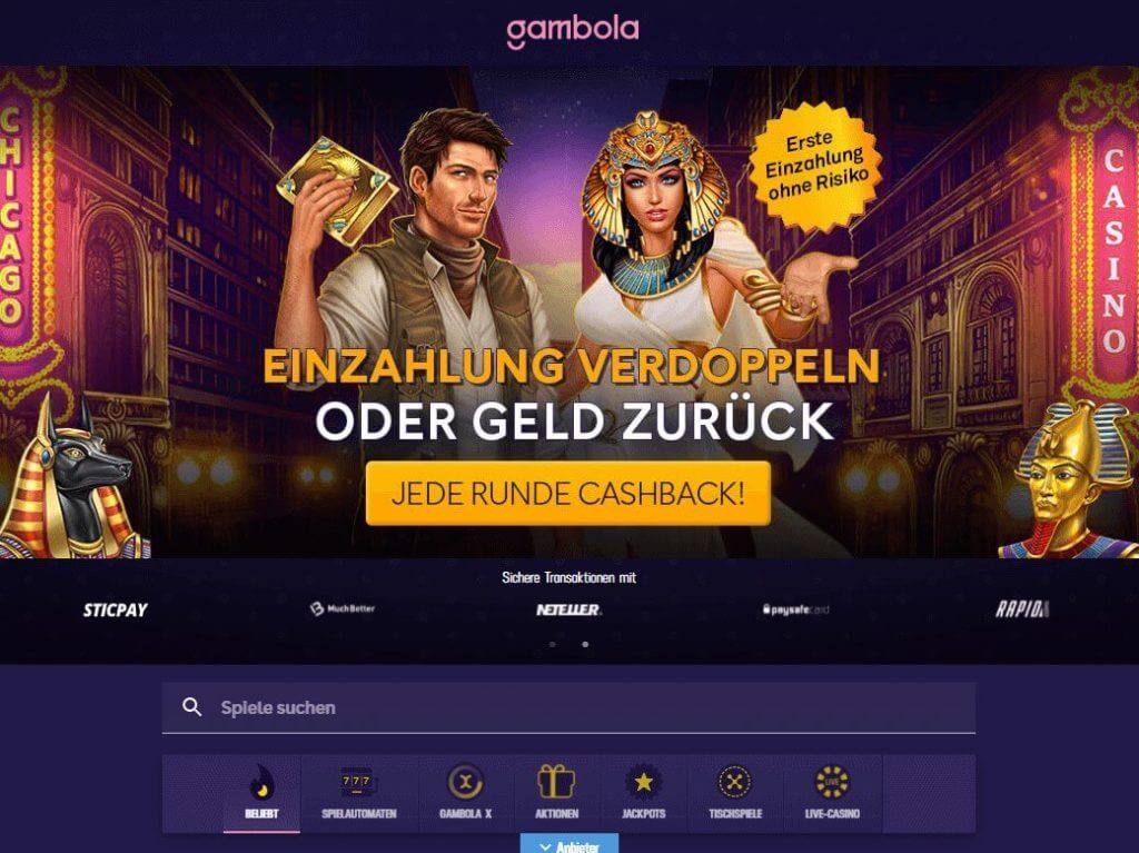 Startseite vom Gambola Online Casino